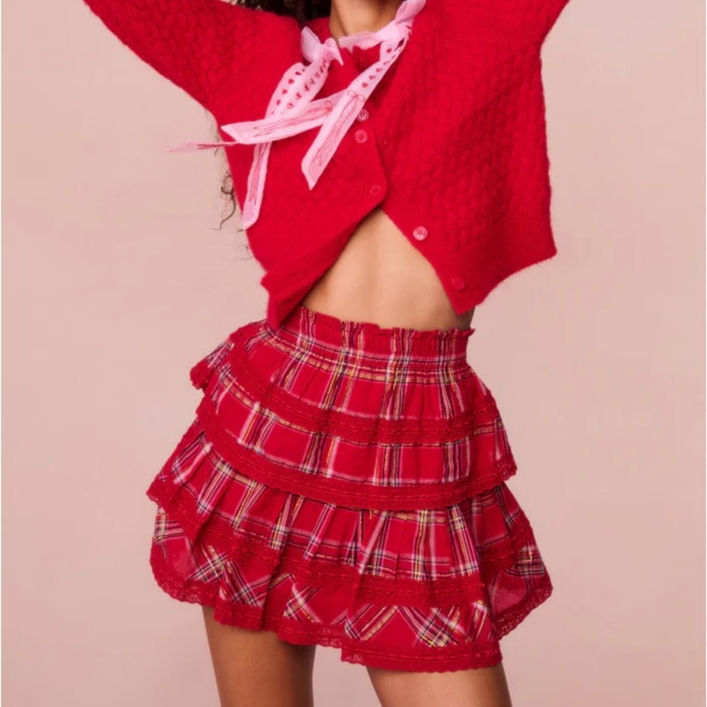 LoveShackFancy Ruffle Mini Tartan Skirt in Cheery Red